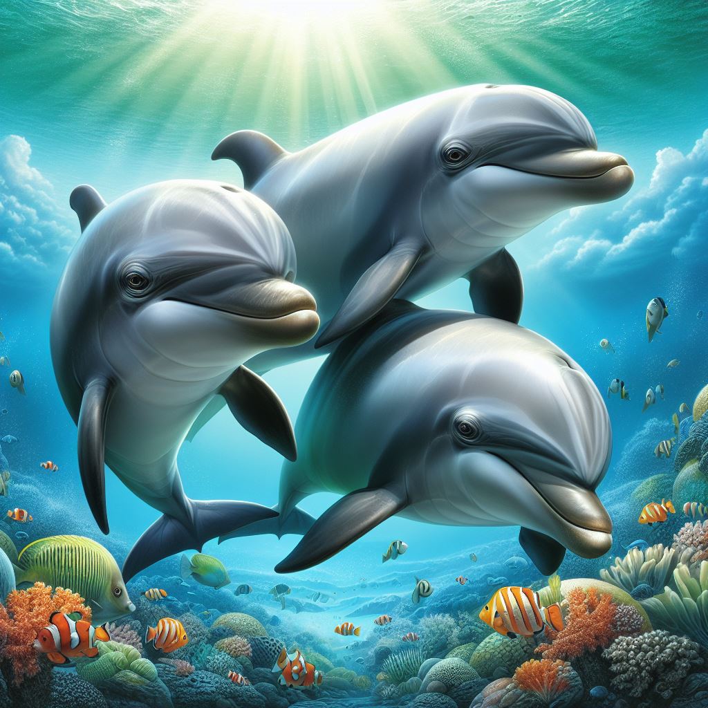 3 dolphin underwater with colorful coral and fish and sunlight lightly shining through the water.